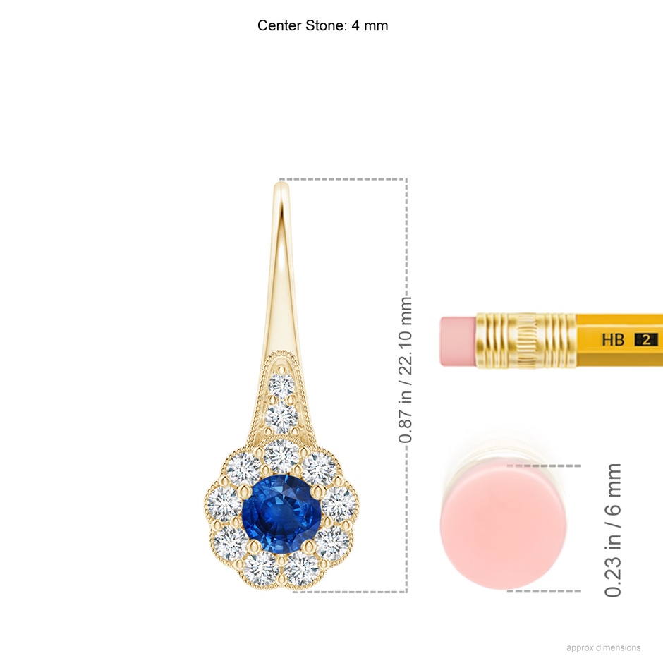 4mm AAA Sapphire and Diamond Halo Fish Hook Earrings with Milgrain in Yellow Gold ruler