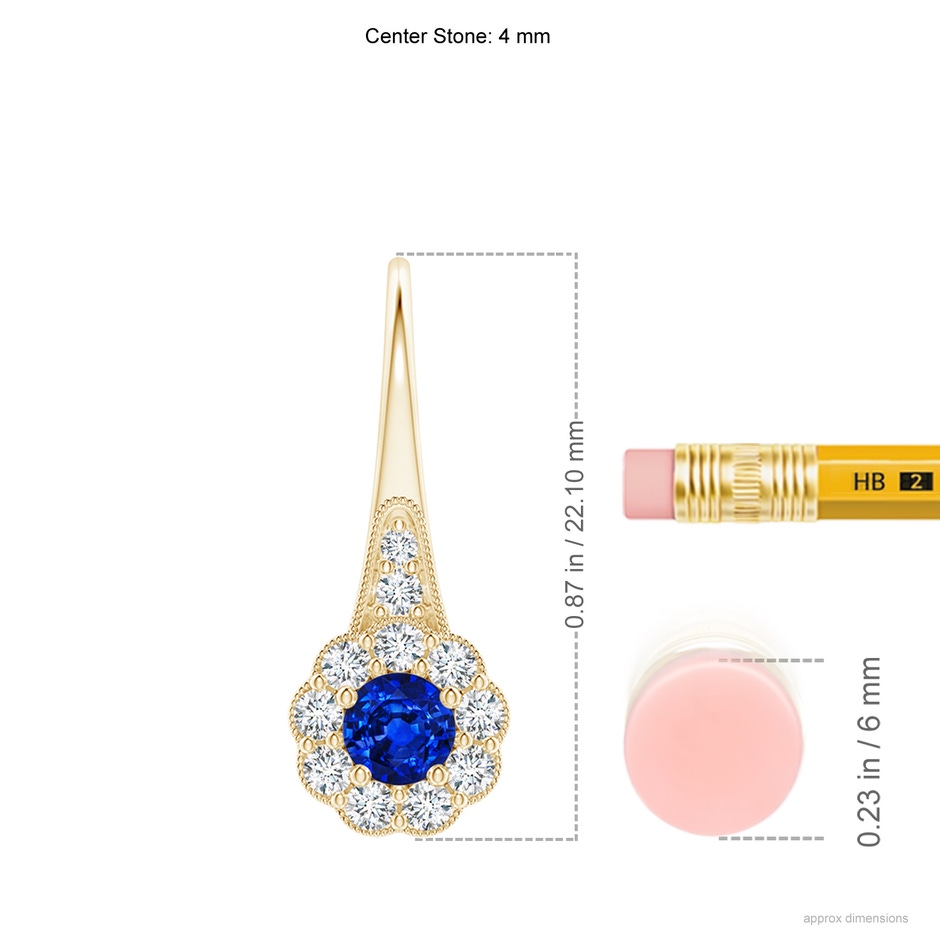4mm AAAA Sapphire and Diamond Halo Fish Hook Earrings with Milgrain in Yellow Gold ruler