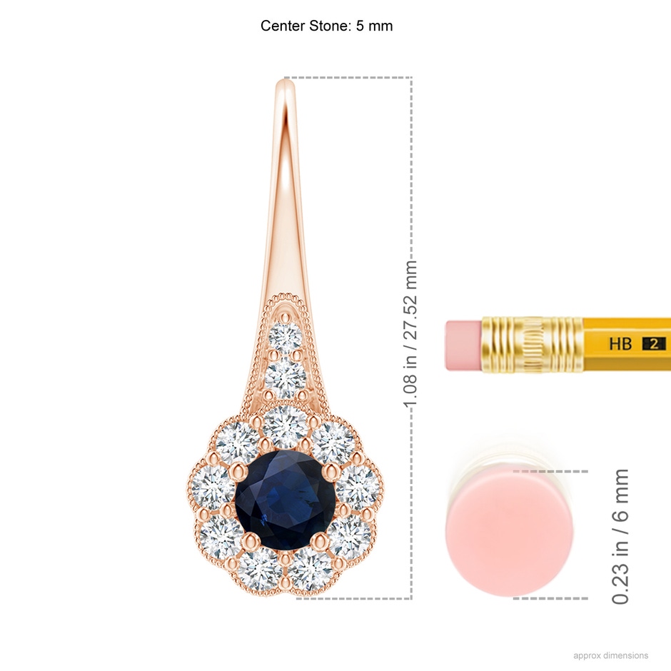 5mm A Sapphire and Diamond Halo Fish Hook Earrings with Milgrain in Rose Gold ruler