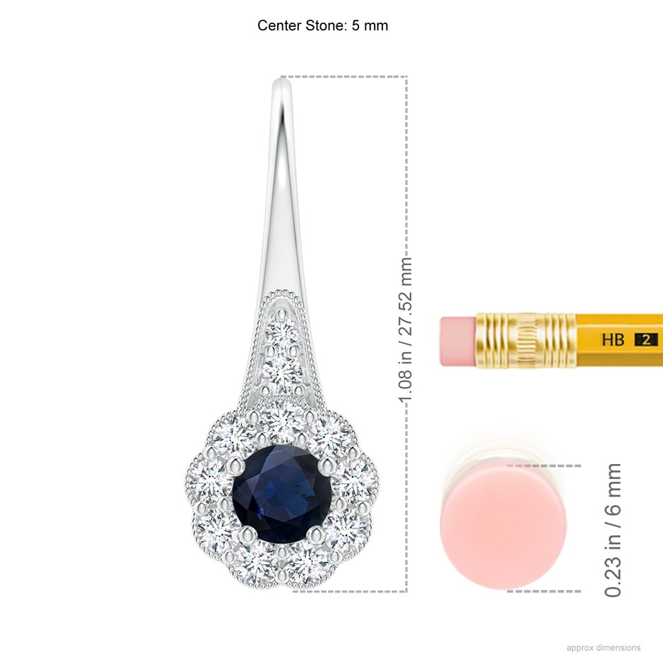 5mm A Sapphire and Diamond Halo Fish Hook Earrings with Milgrain in White Gold ruler