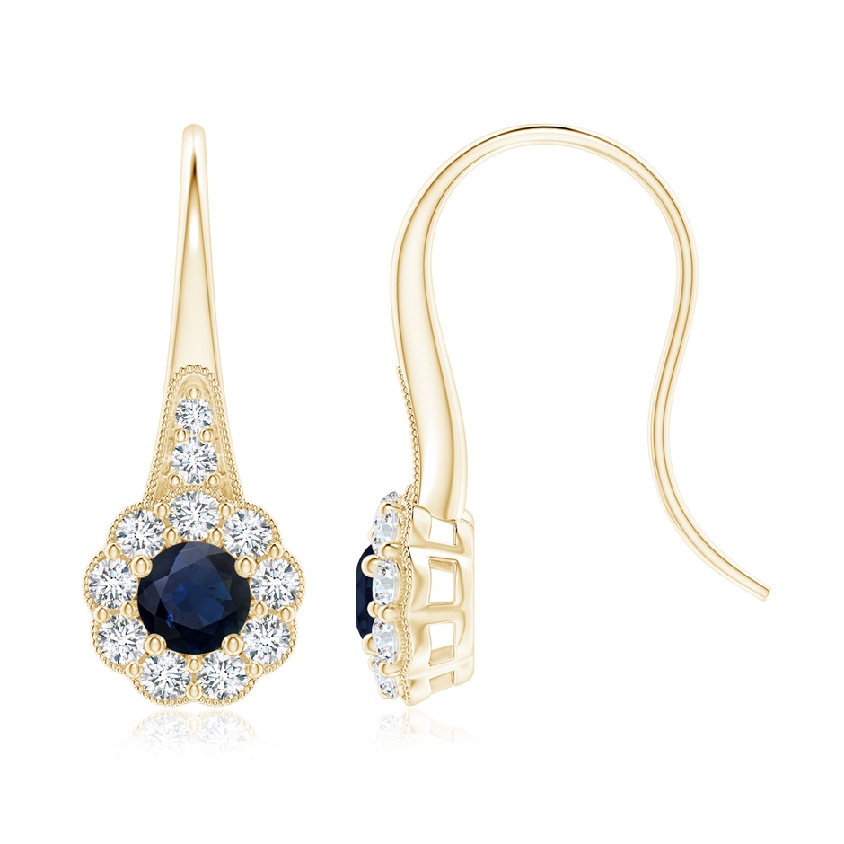 5mm A Sapphire and Diamond Halo Fish Hook Earrings with Milgrain in Yellow Gold 