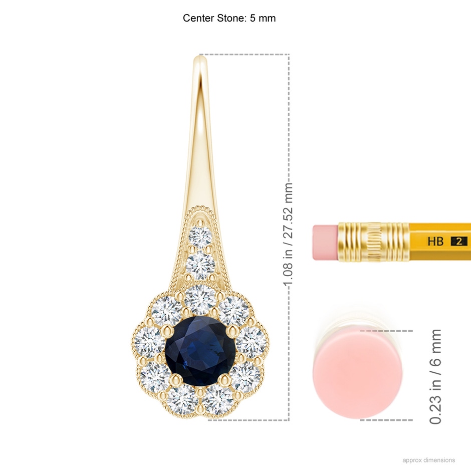 5mm A Sapphire and Diamond Halo Fish Hook Earrings with Milgrain in Yellow Gold ruler