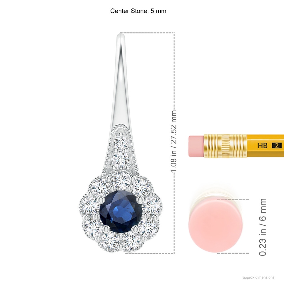 5mm AA Sapphire and Diamond Halo Fish Hook Earrings with Milgrain in White Gold ruler