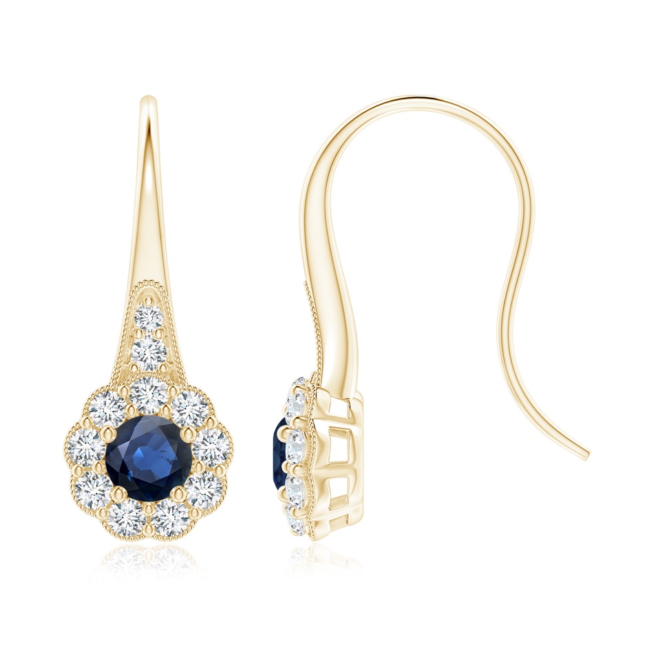 5mm AA Sapphire and Diamond Halo Fish Hook Earrings with Milgrain in Yellow Gold 