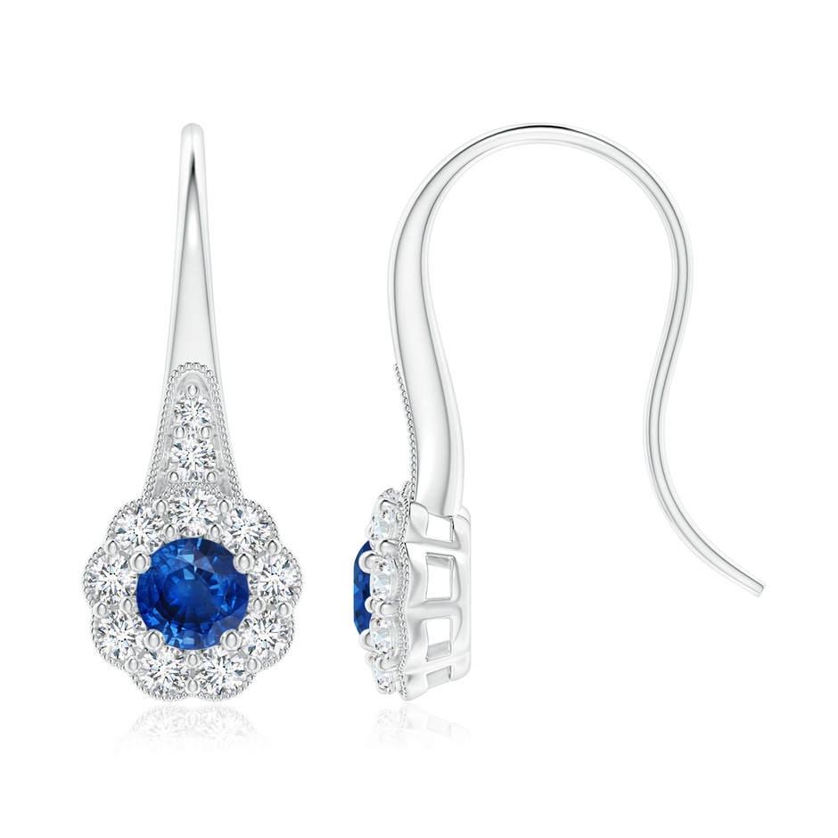 5mm AAA Sapphire and Diamond Halo Fish Hook Earrings with Milgrain in White Gold 