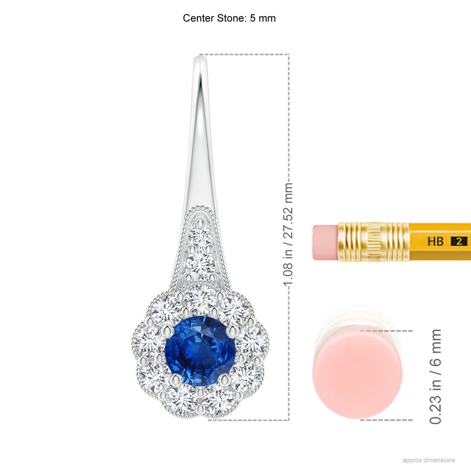 5mm AAA Sapphire and Diamond Halo Fish Hook Earrings with Milgrain in White Gold ruler