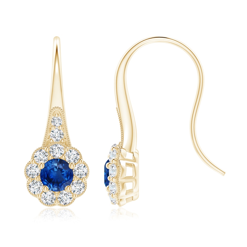 5mm AAA Sapphire and Diamond Halo Fish Hook Earrings with Milgrain in Yellow Gold 