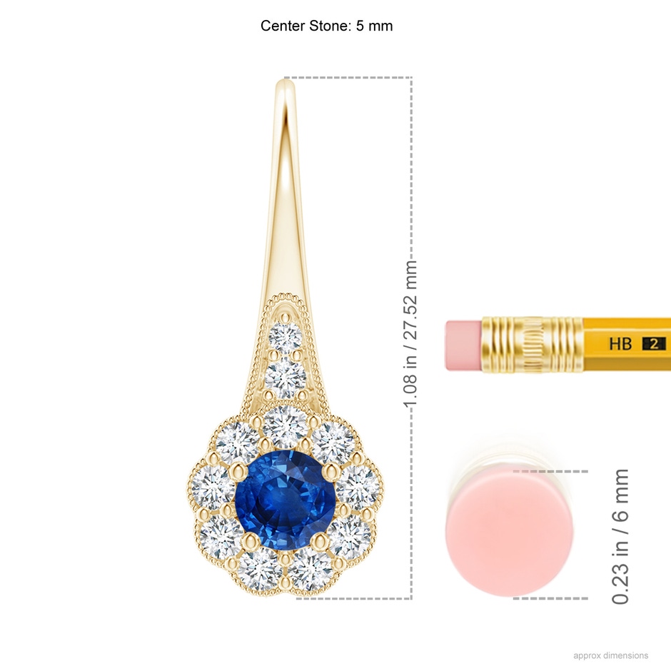 5mm AAA Sapphire and Diamond Halo Fish Hook Earrings with Milgrain in Yellow Gold ruler