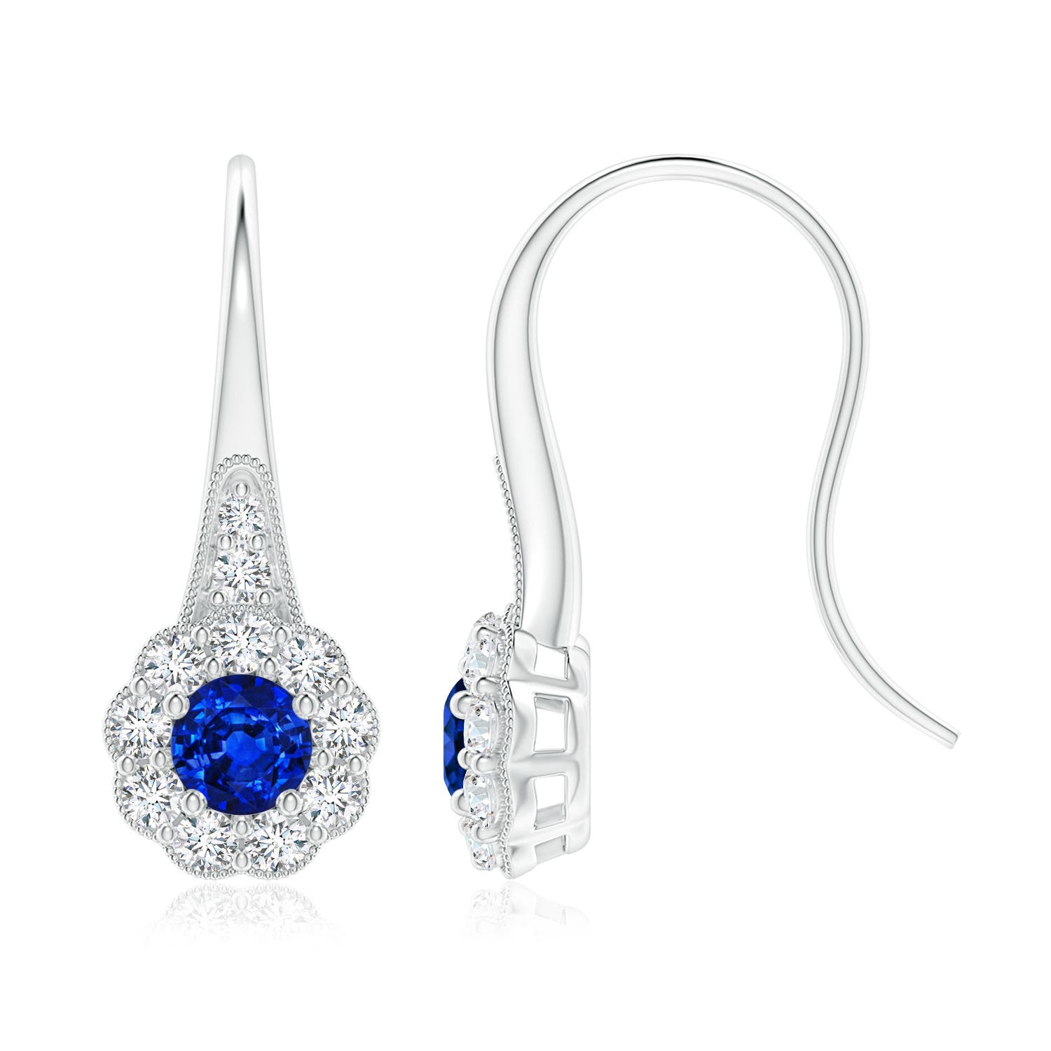 5mm AAAA Sapphire and Diamond Halo Fish Hook Earrings with Milgrain in P950 Platinum