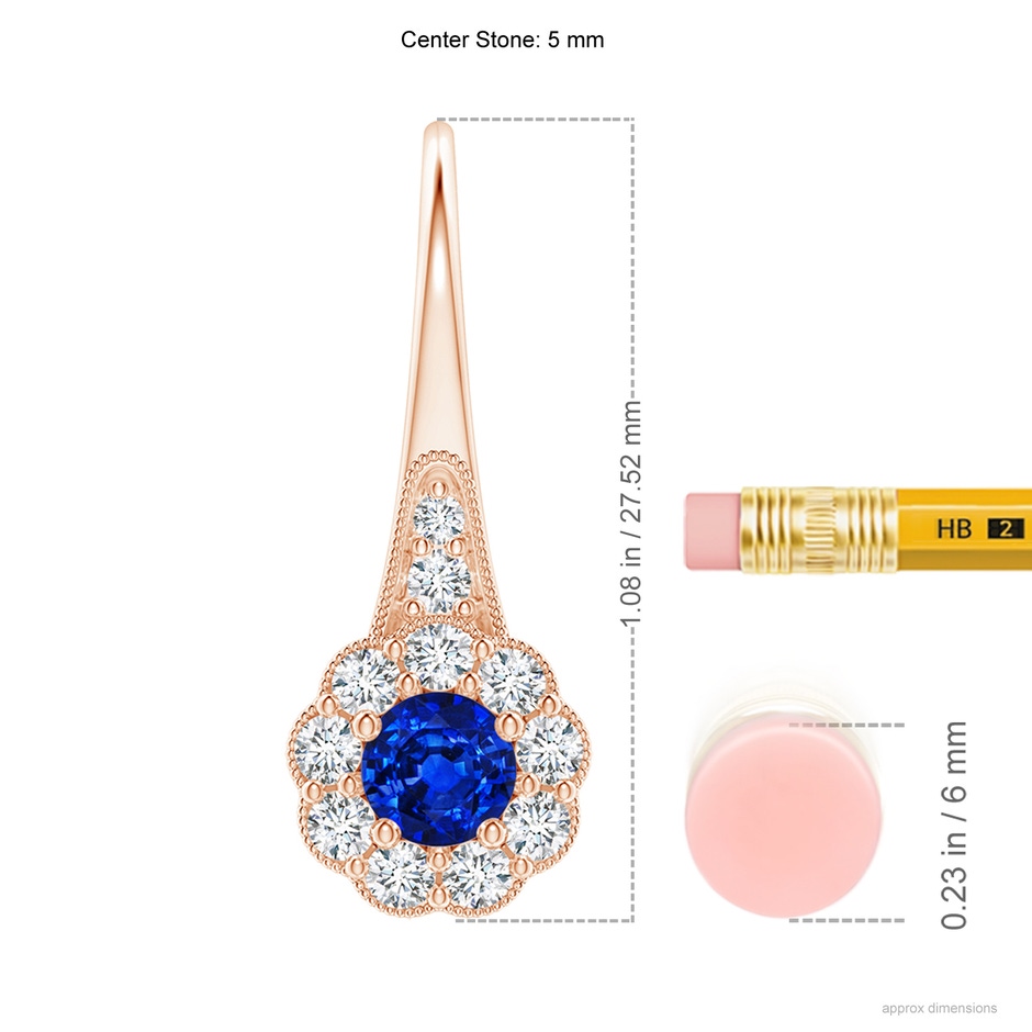 5mm AAAA Sapphire and Diamond Halo Fish Hook Earrings with Milgrain in Rose Gold ruler