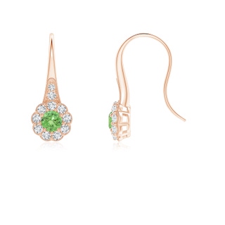 3.5mm A Tsavorite and Diamond Halo Fish Hook Earrings with Milgrain in Rose Gold