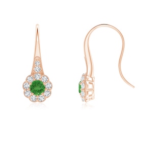 3.5mm AA Tsavorite and Diamond Halo Fish Hook Earrings with Milgrain in Rose Gold