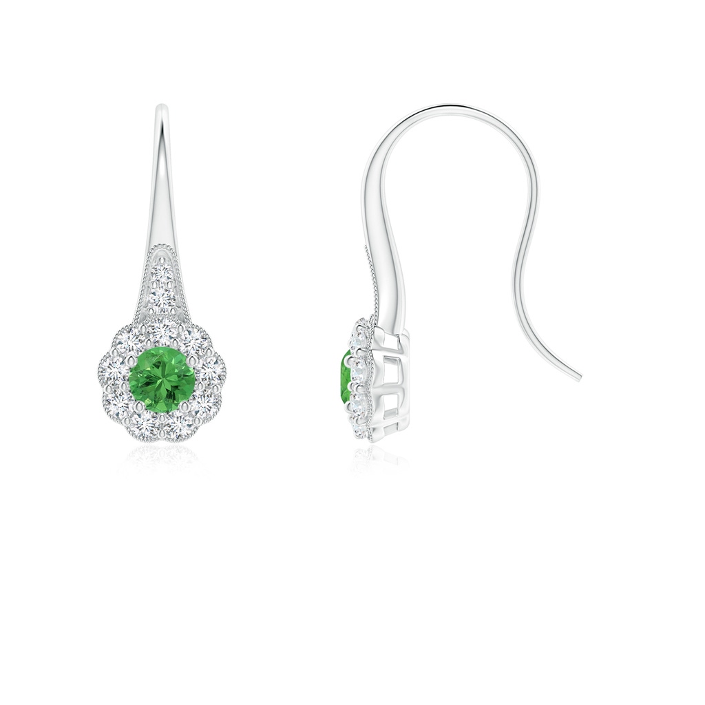 3.5mm AAA Tsavorite and Diamond Halo Fish Hook Earrings with Milgrain in White Gold