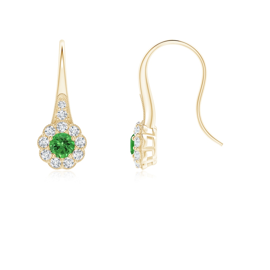 3.5mm AAAA Tsavorite and Diamond Halo Fish Hook Earrings with Milgrain in Yellow Gold