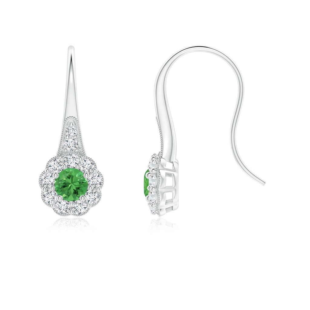 4mm AAA Tsavorite and Diamond Halo Fish Hook Earrings with Milgrain in White Gold