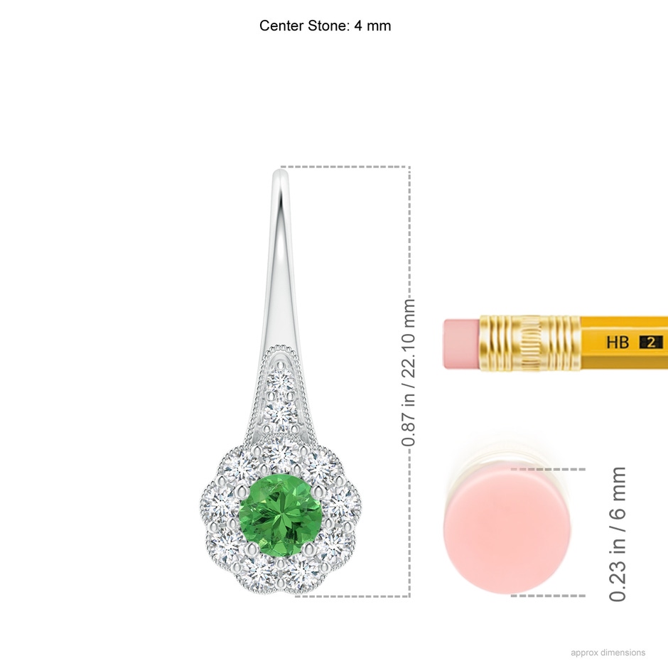 4mm AAA Tsavorite and Diamond Halo Fish Hook Earrings with Milgrain in White Gold Ruler