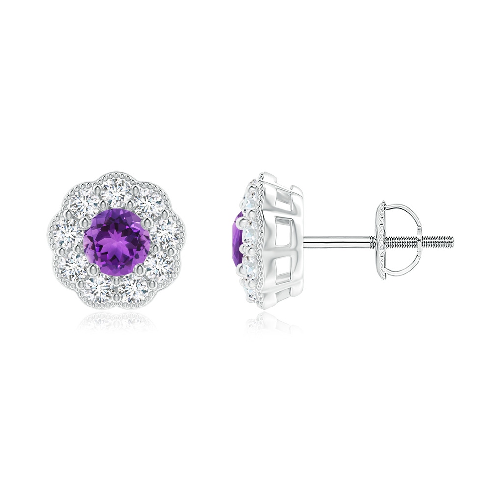4mm AAA Vintage Style Round Amethyst Halo Stud Earrings in White Gold