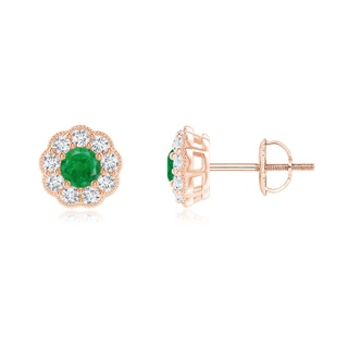 3.5mm AA Vintage Style Round Emerald Halo Stud Earrings in Rose Gold