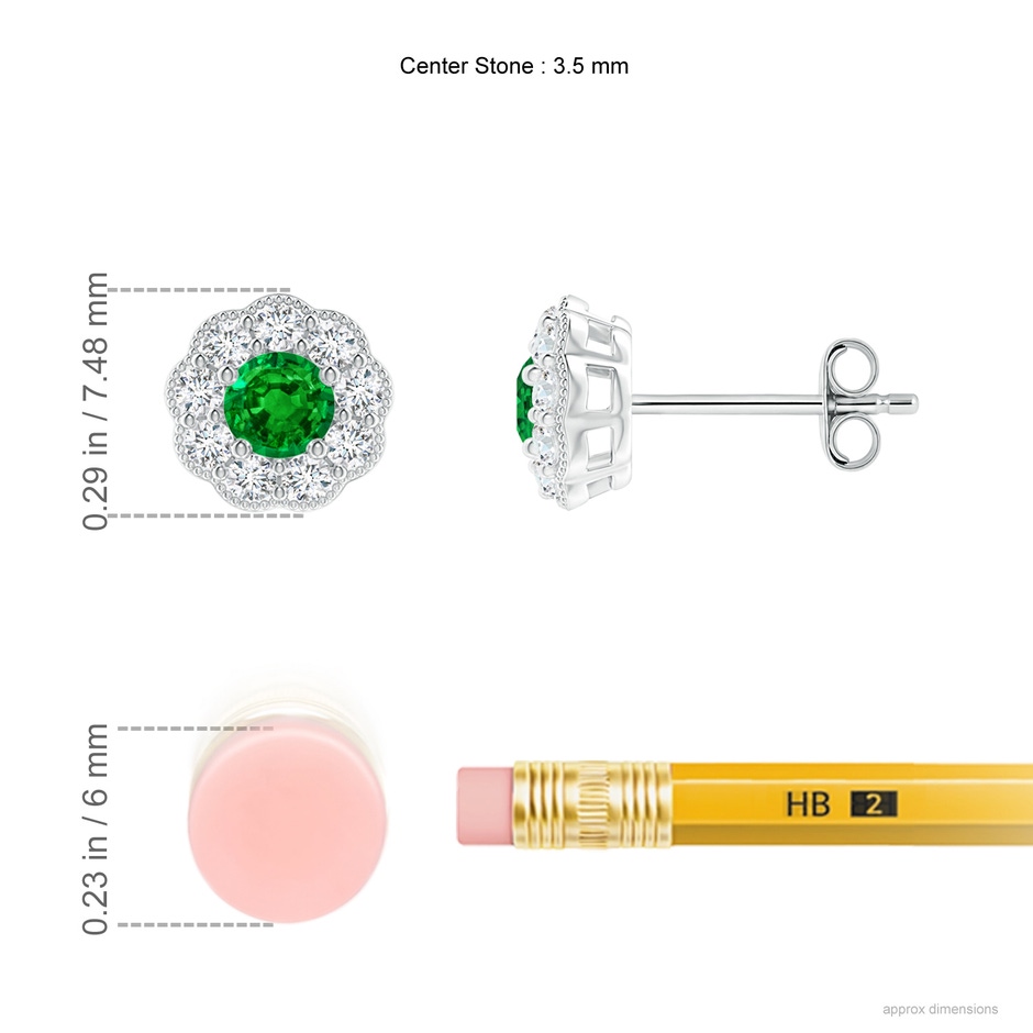 3.5mm Lab-Grown Vintage Style Round Emerald Halo Stud Earrings in S999 Silver ruler