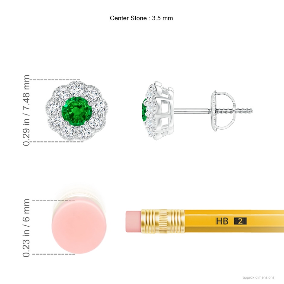 3.5mm Lab-Grown Vintage Style Round Emerald Halo Stud Earrings in White Gold ruler