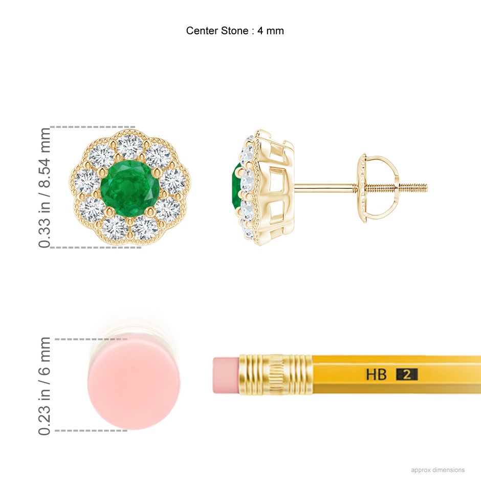 4mm AA Vintage Style Round Emerald Halo Stud Earrings in Yellow Gold ruler