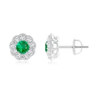 4mm AAA Vintage Style Round Emerald Halo Stud Earrings in White Gold