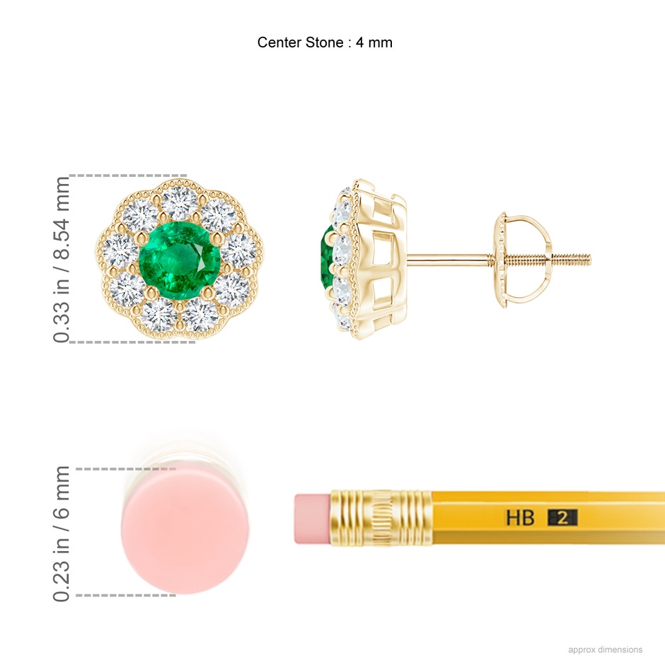 4mm AAA Vintage Style Round Emerald Halo Stud Earrings in Yellow Gold ruler