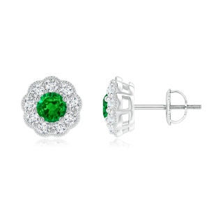 4mm AAAA Vintage Style Round Emerald Halo Stud Earrings in P950 Platinum