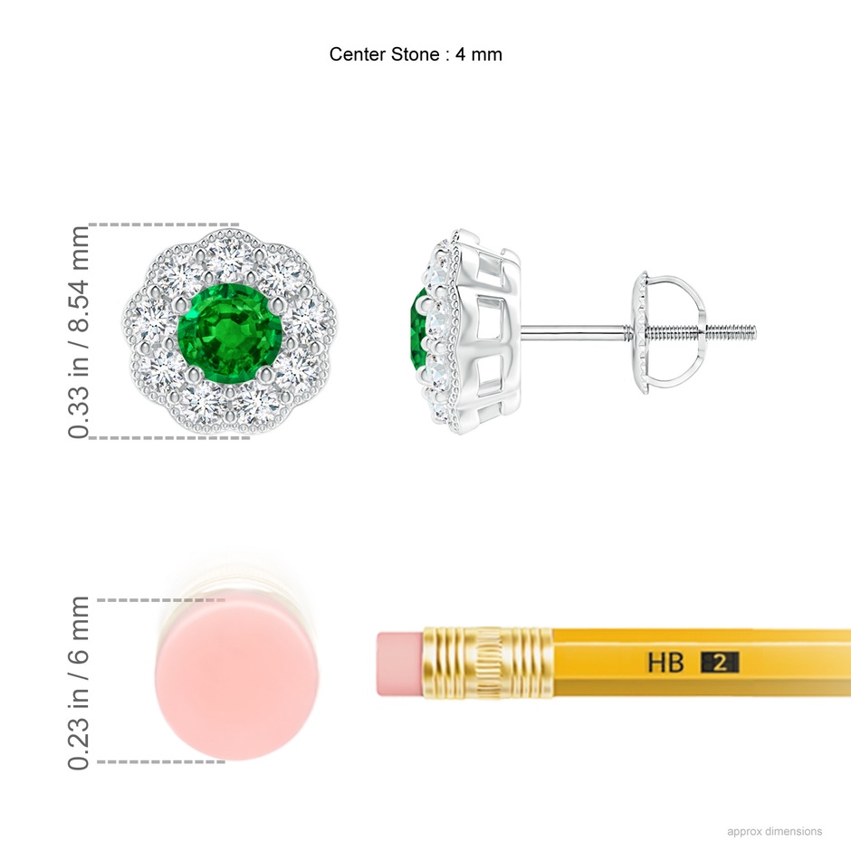 4mm Lab-Grown Vintage Style Round Emerald Halo Stud Earrings in P950 Platinum ruler