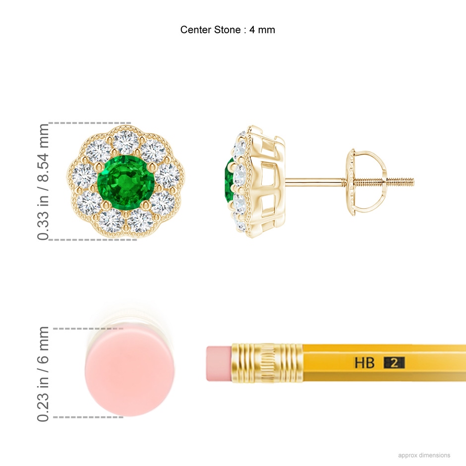 4mm Lab-Grown Vintage Style Round Emerald Halo Stud Earrings in Yellow Gold ruler
