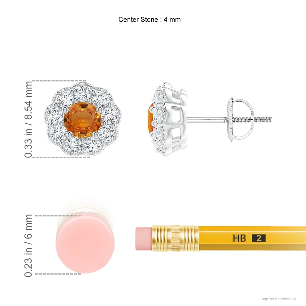 4mm AAA Vintage Style Round Orange Sapphire Halo Stud Earrings in White Gold Ruler