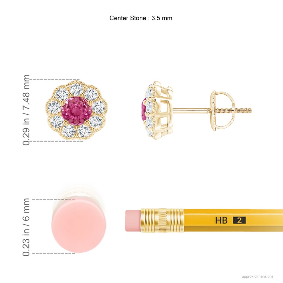 3.5mm AAAA Vintage Style Round Pink Sapphire Halo Stud Earrings in Yellow Gold ruler
