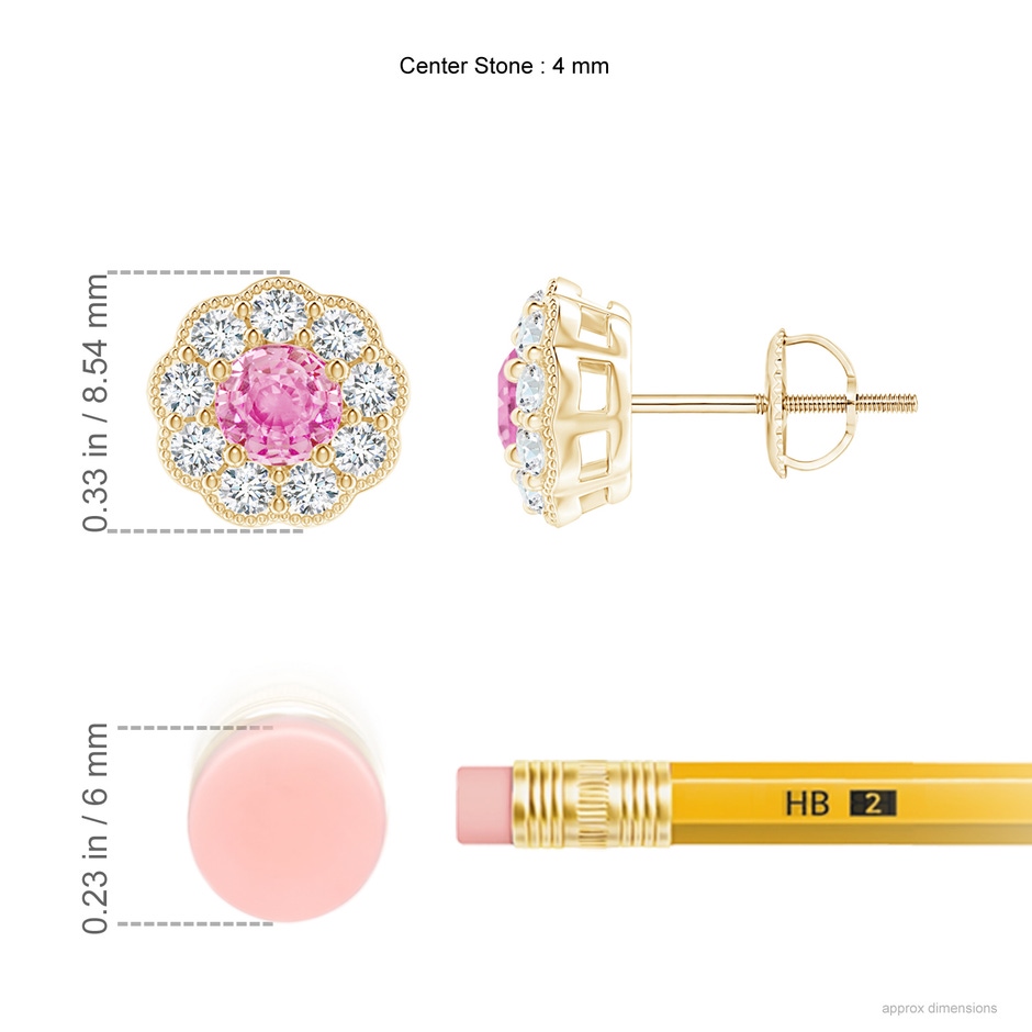 4mm A Vintage Style Round Pink Sapphire Halo Stud Earrings in Yellow Gold ruler