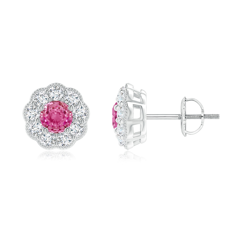 4mm AAA Vintage Style Round Pink Sapphire Halo Stud Earrings in White Gold 