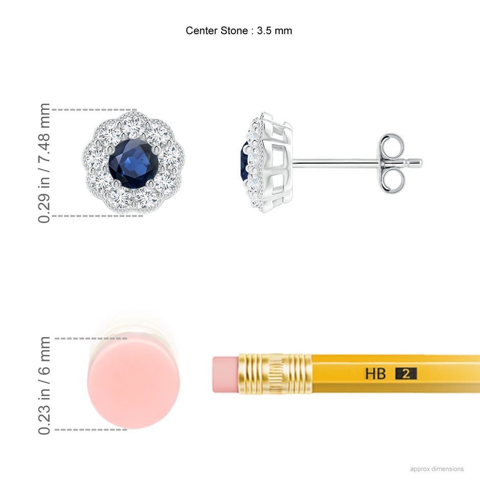 3.5mm AA Vintage Style Round Sapphire Halo Stud Earrings in S999 Silver ruler