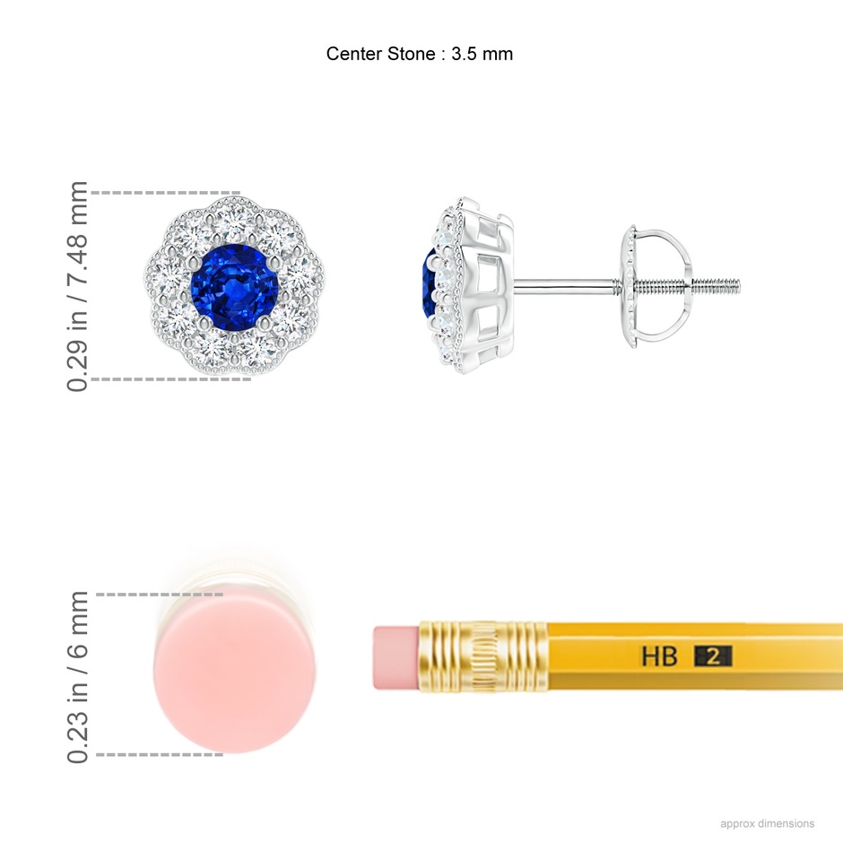 3.5mm Lab-Grown Vintage Style Round Sapphire Halo Stud Earrings in White Gold ruler