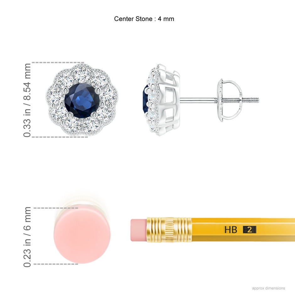 4mm AA Vintage Style Round Sapphire Halo Stud Earrings in White Gold ruler