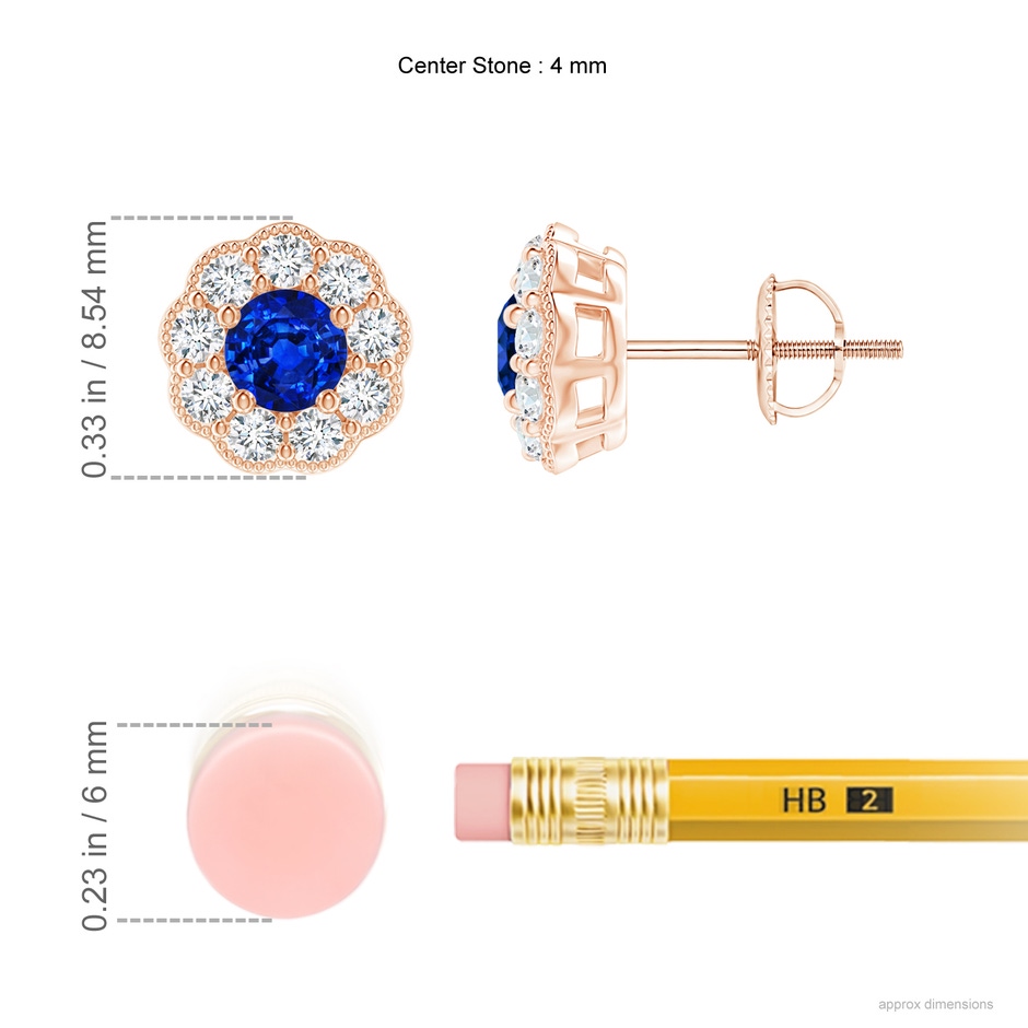 4mm AAAA Vintage Style Round Sapphire Halo Stud Earrings in Rose Gold ruler
