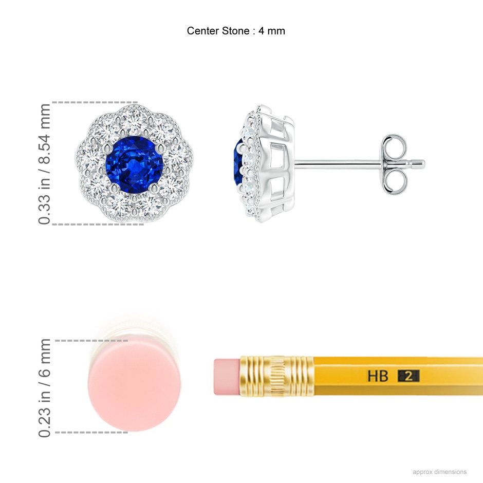 4mm Lab-Grown Vintage Style Round Sapphire Halo Stud Earrings in S999 Silver ruler