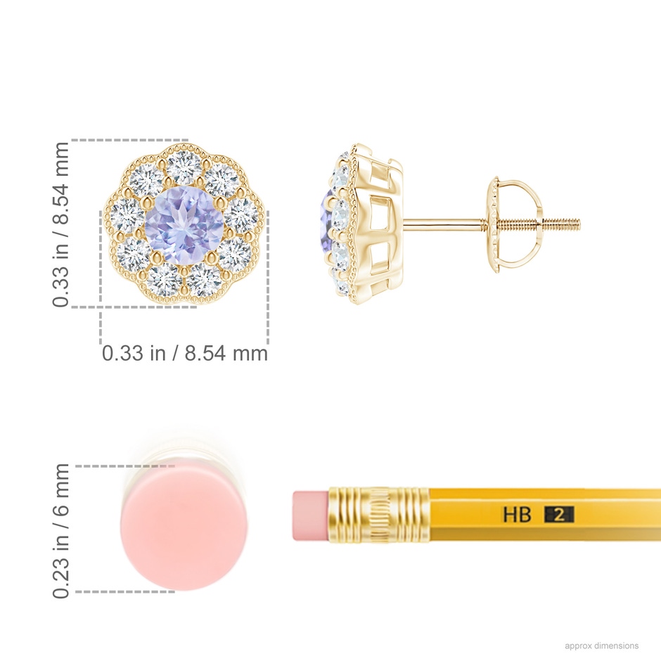 4mm A Vintage Style Round Tanzanite Halo Stud Earrings in Yellow Gold ruler