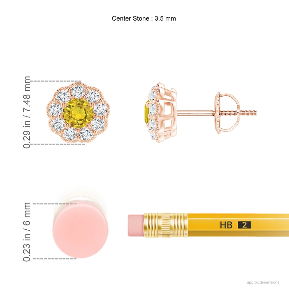 3.5mm AAAA Vintage Style Round Yellow Sapphire Halo Stud Earrings in Rose Gold ruler