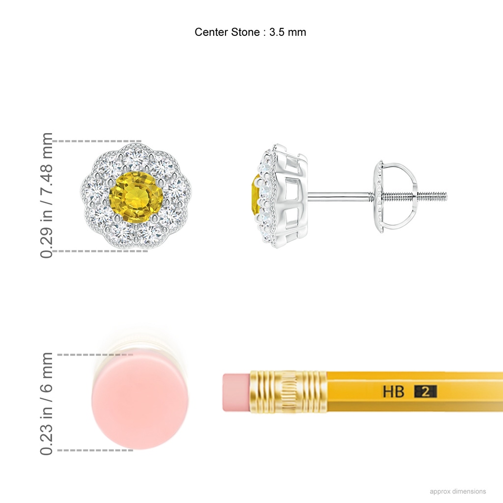 3.5mm AAAA Vintage Style Round Yellow Sapphire Halo Stud Earrings in White Gold Ruler