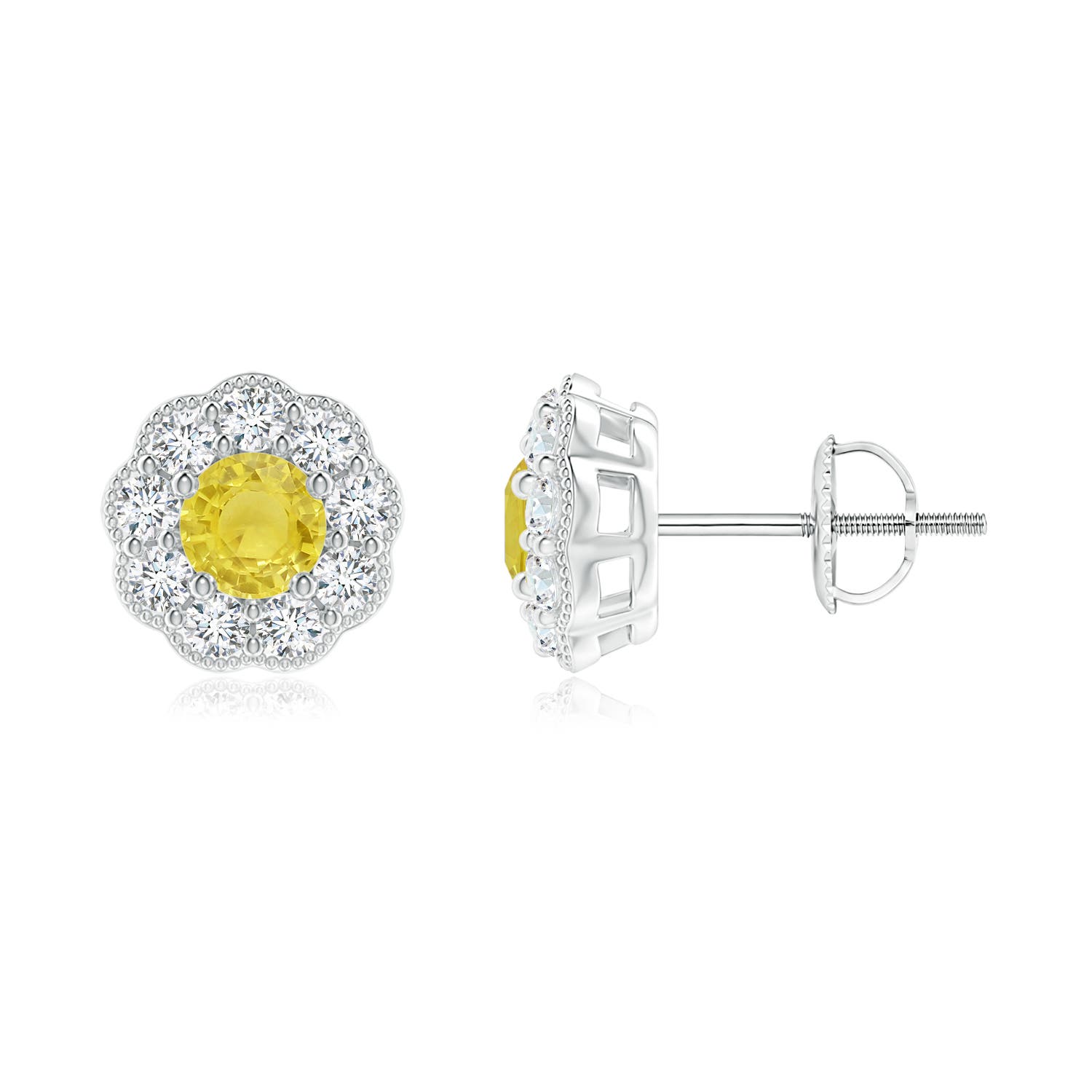4mm A Vintage Style Round Yellow Sapphire Halo Stud Earrings in P950 Platinum