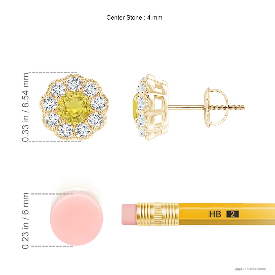 4mm AA Vintage Style Round Yellow Sapphire Halo Stud Earrings in Yellow Gold ruler