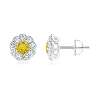 4mm AAA Vintage Style Round Yellow Sapphire Halo Stud Earrings in White Gold