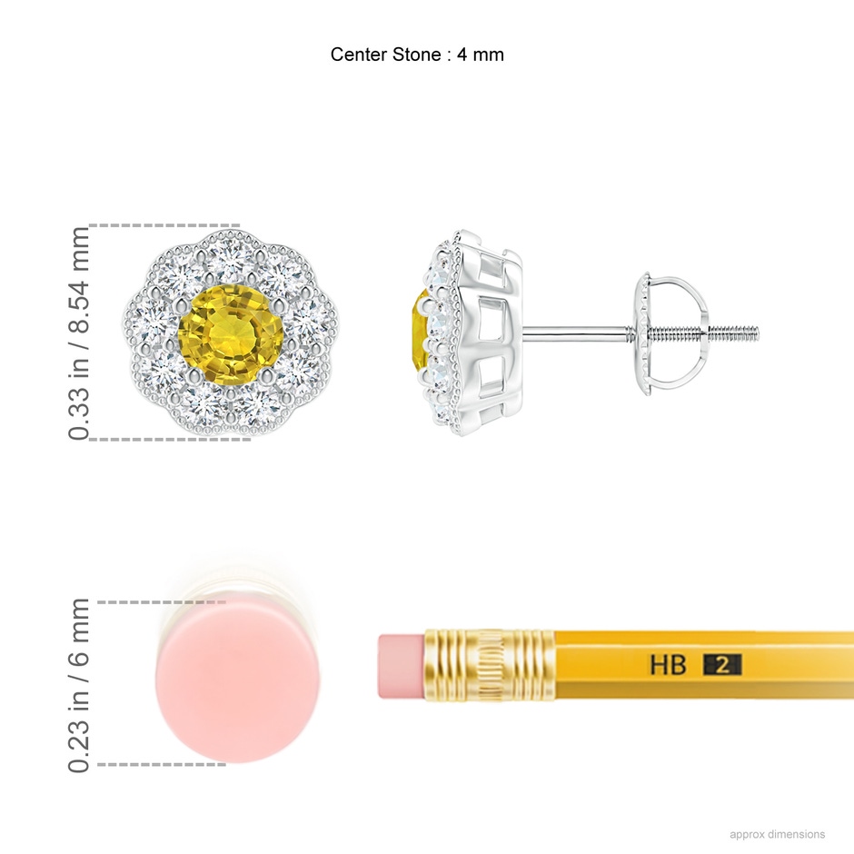 4mm AAAA Vintage Style Round Yellow Sapphire Halo Stud Earrings in P950 Platinum ruler