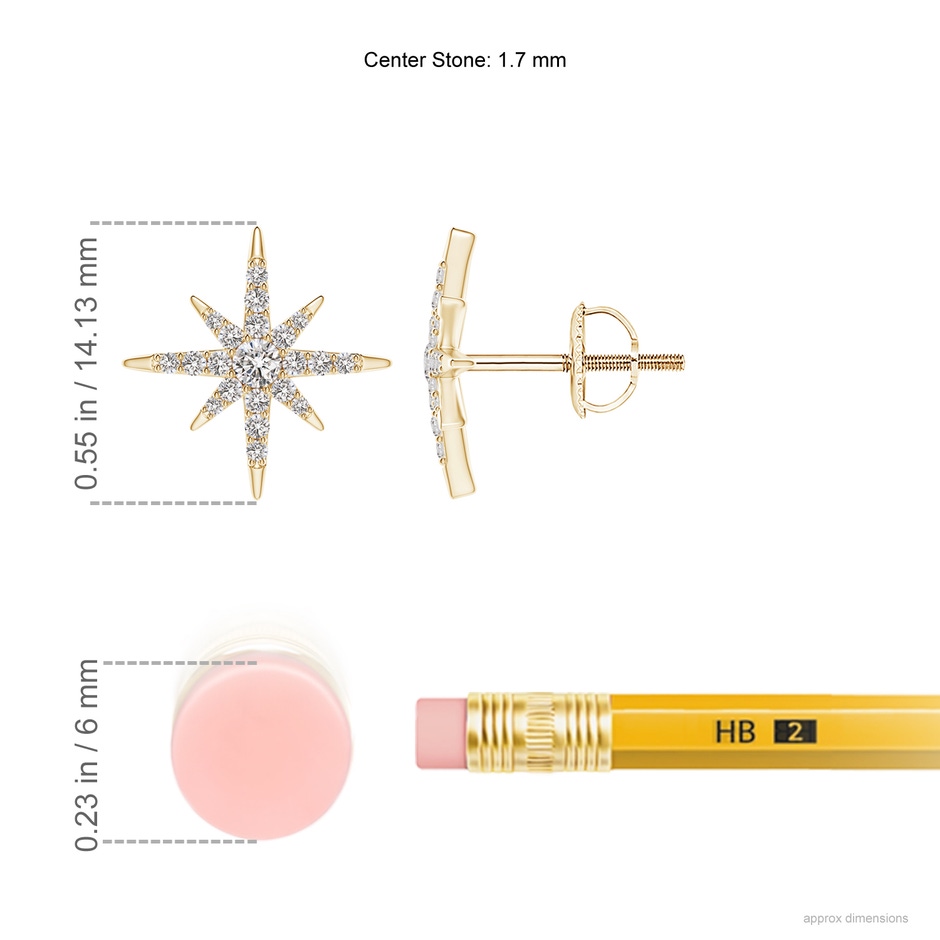 1.7mm IJI1I2 Diamond Eight-Point Starburst Stud Earrings in Yellow Gold ruler
