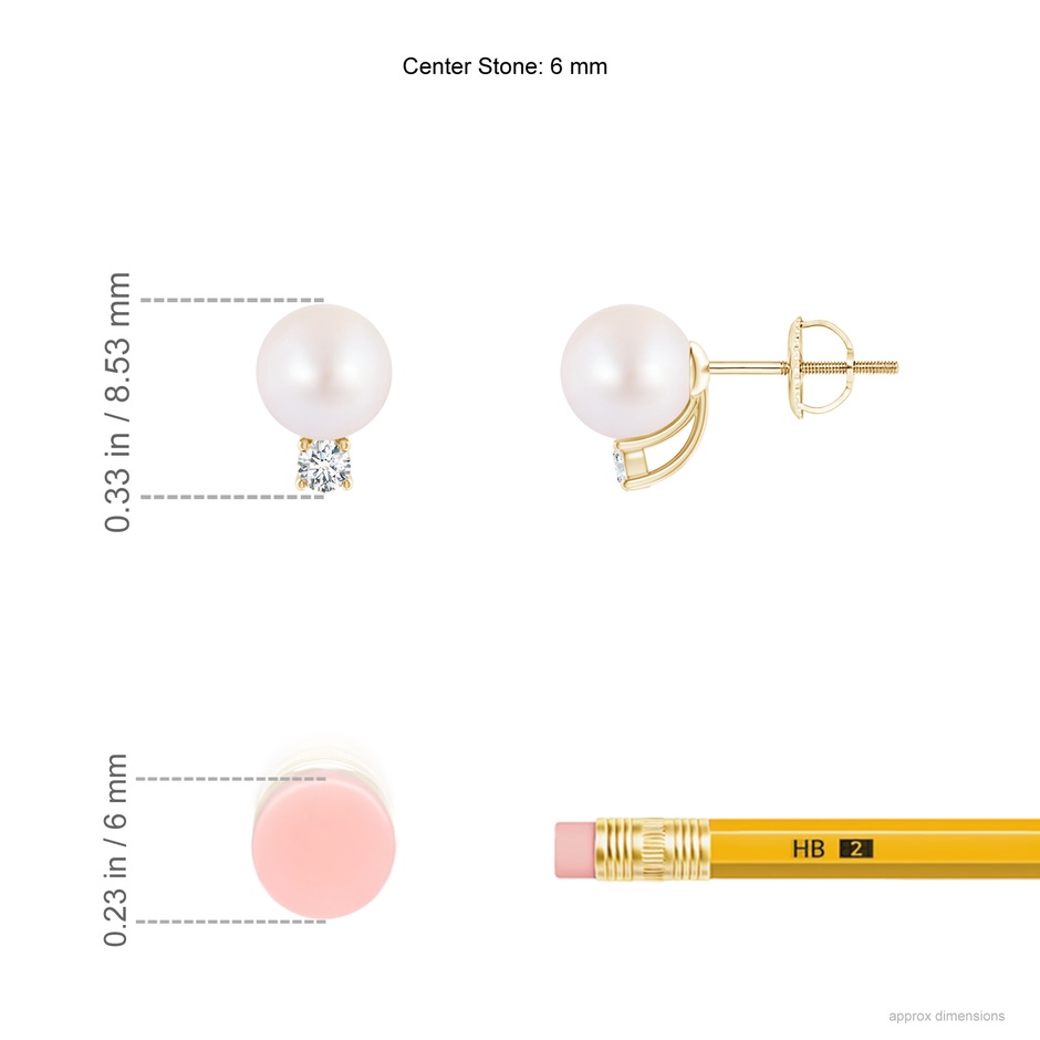6mm AA Solitaire Japanese Akoya Pearl Studs with Diamond in Yellow Gold ruler