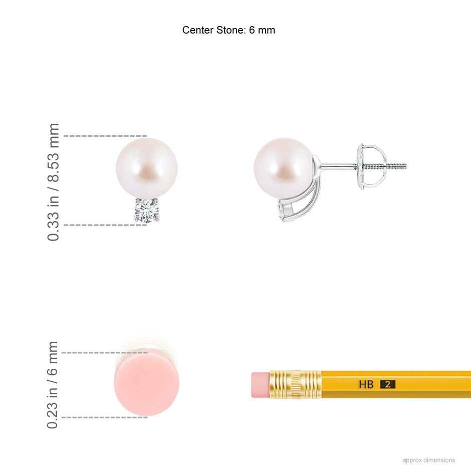 6mm AAA Solitaire Japanese Akoya Pearl Studs with Diamond in White Gold ruler
