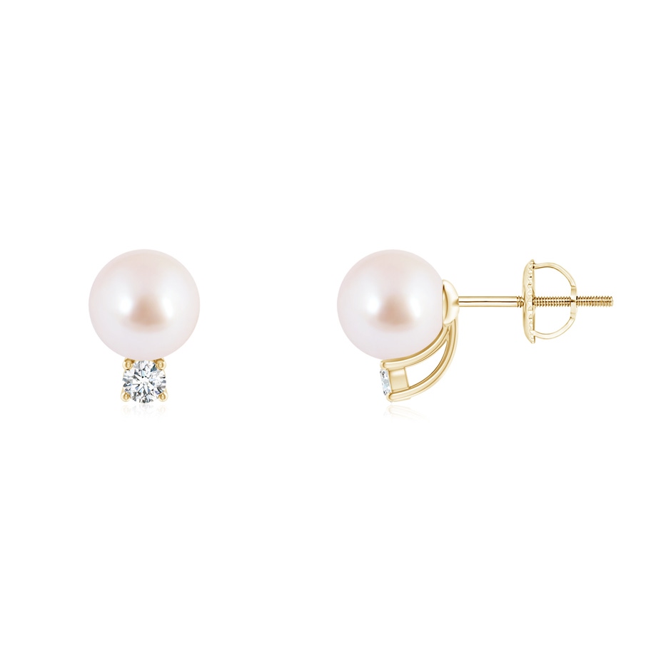 6mm AAA Solitaire Japanese Akoya Pearl Studs with Diamond in Yellow Gold 